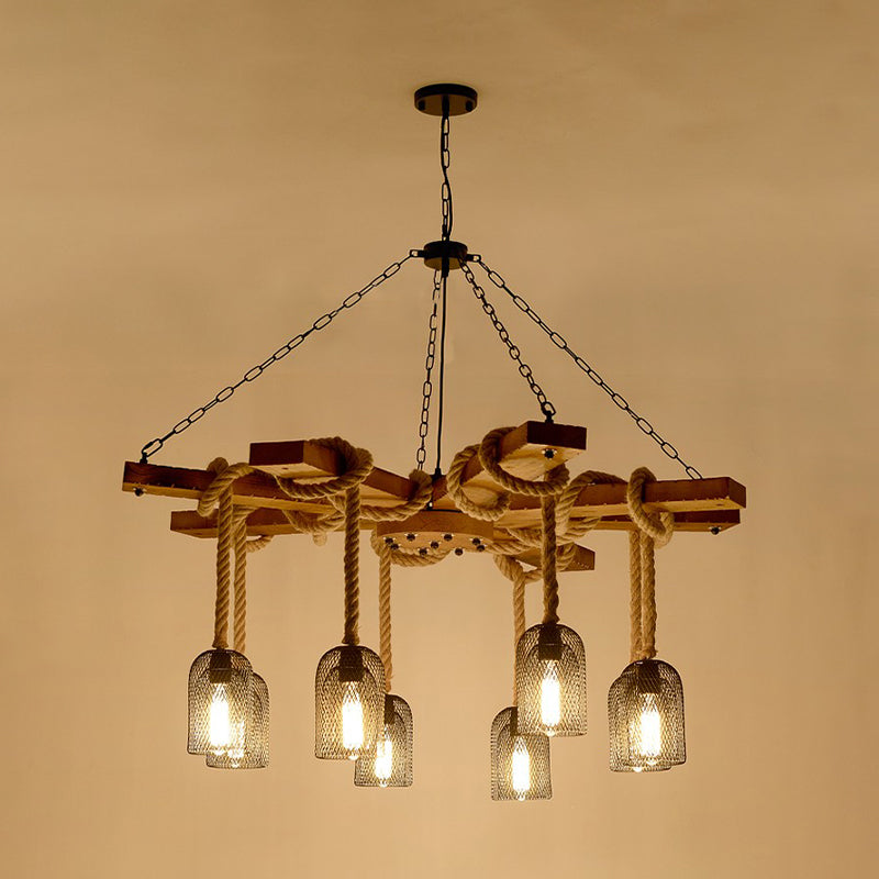 Rustic Caged Dining Room Chandelier Pendant with Retro Metallic Finish - 3/6/8 Lights & Wooden Ceiling Lamp Rope Included