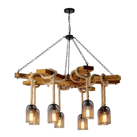 Rustic Caged Pendant Chandelier With Rope - Retro Metal & Wood 3/6/8 Light Ceiling Lamp