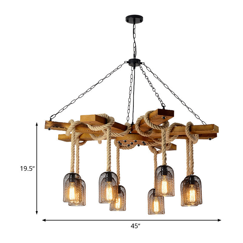 Rustic Caged Dining Room Chandelier Pendant with Retro Metallic Finish - 3/6/8 Lights & Wooden Ceiling Lamp Rope Included