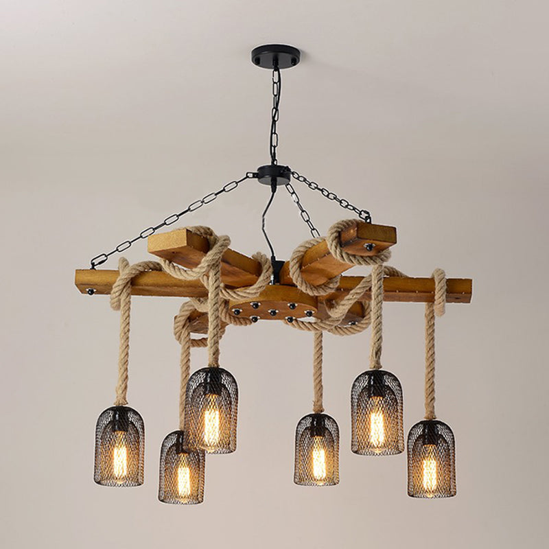 Rustic Caged Pendant Chandelier With Rope - Retro Metal & Wood 3/6/8 Light Ceiling Lamp