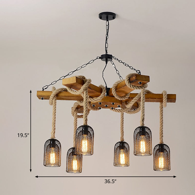 Rustic Caged Pendant Chandelier With Rope - Retro Metal & Wood 3/6/8 Light Ceiling Lamp