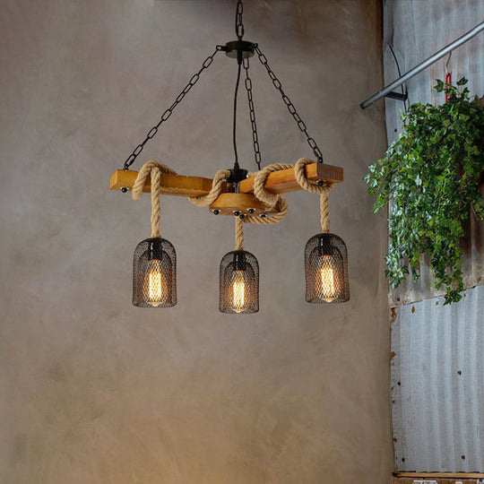 Rustic Caged Dining Room Chandelier Pendant with Retro Metallic Finish - 3/6/8 Lights & Wooden Ceiling Lamp Rope Included