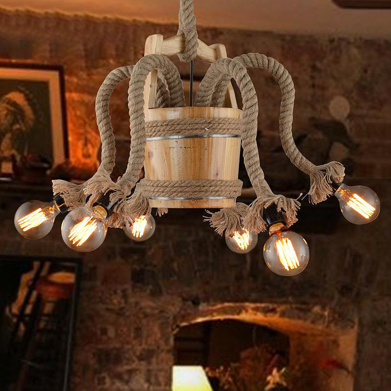 Farmhouse Rope 6-Light Wood Chandelier For Curved Arm Dining Room