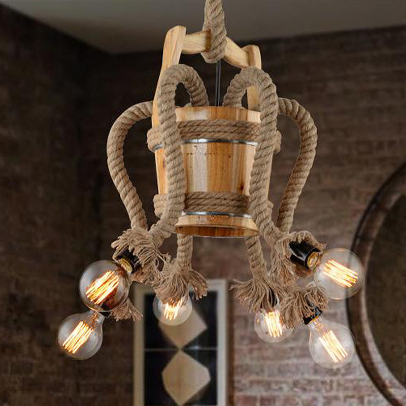 Rustic Wood Chandelier – 6-Light Farmhouse Rope Ceiling Fixture for Dining Room