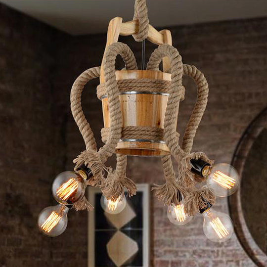 Farmhouse Rope 6-Light Wood Chandelier For Curved Arm Dining Room