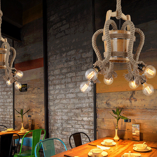 Rustic Wood Chandelier – 6-Light Farmhouse Rope Ceiling Fixture for Dining Room