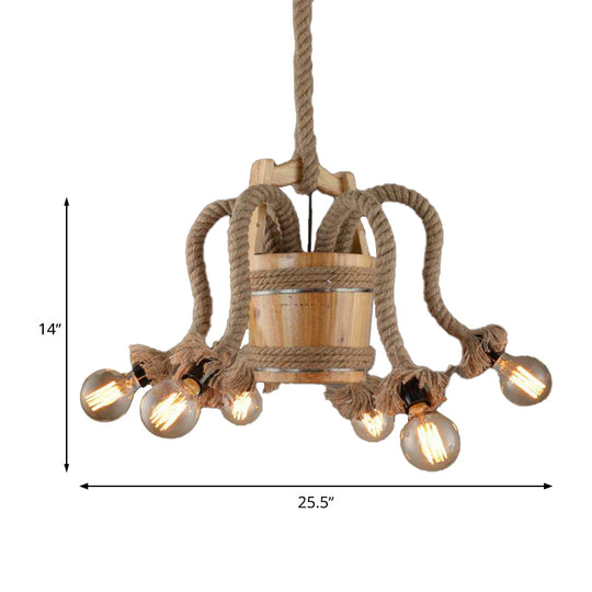 Rustic Wood Chandelier – 6-Light Farmhouse Rope Ceiling Fixture for Dining Room