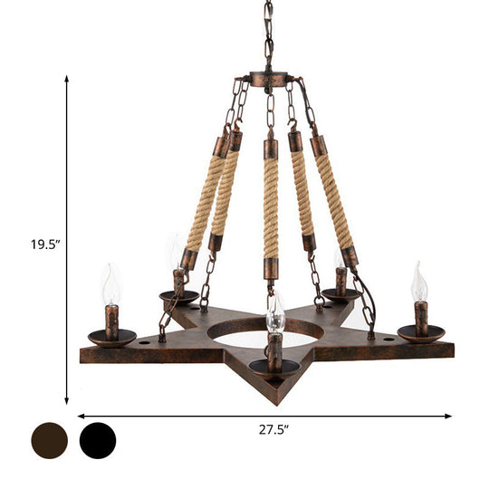 Metal Star-Shaped Chandelier Pendant Light - Retro 5-Light Restaurant Fixture in Black/Rust