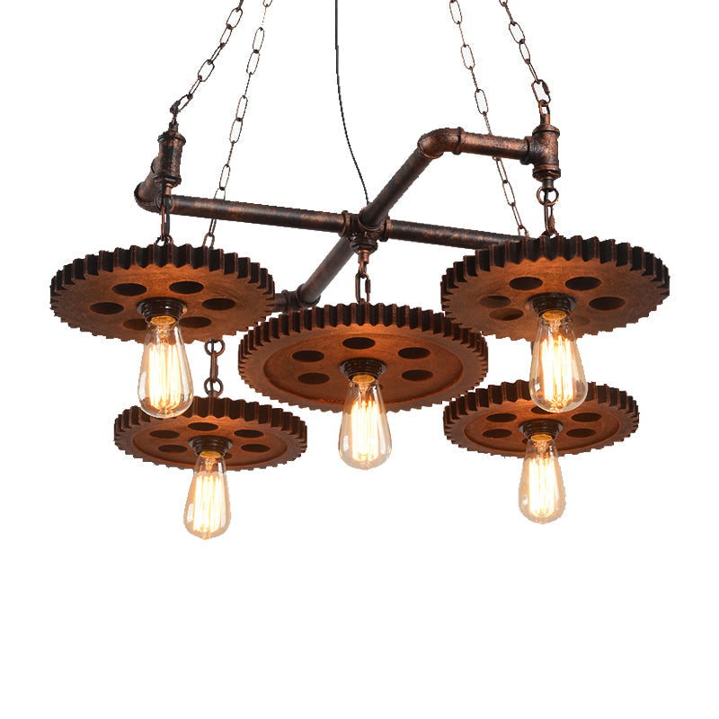 Farmhouse Bronze Metal Chandelier - 5 Lights Open Bulb Hanging Light Kit for Restaurants