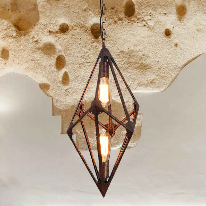 Vintage Metallic Dining Room Chandelier - Rust Ceiling Pendant Light With Bare Bulb 2/3 Lights