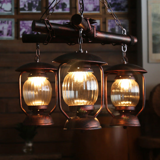 Antique Red Brown 3-Light Chandelier: Kerosene Pendant Lighting for Dining Room