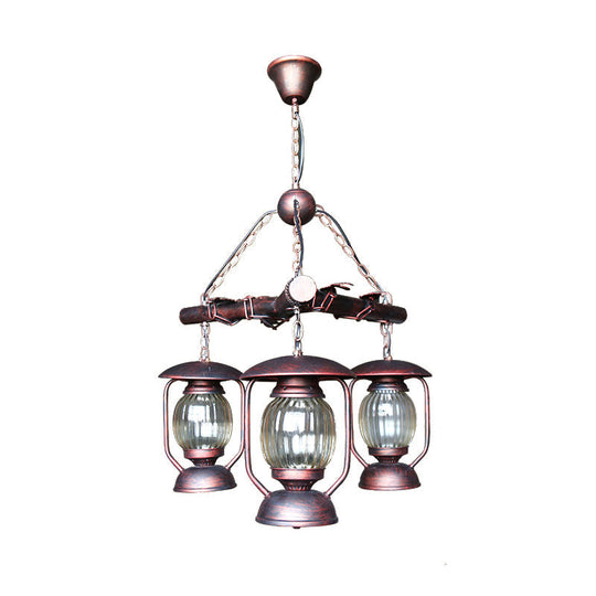 Antique Red Brown Chandelier Pendant Light Fixture 3-Light Kerosene Style For Dining Room