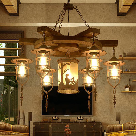 Wooden Hanging Light Kit for Restaurants: Metal Caged Chandelier with 3/7 Lights