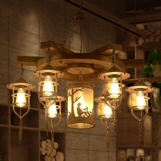 Wooden Hanging Light Kit for Restaurants: Metal Caged Chandelier with 3/7 Lights