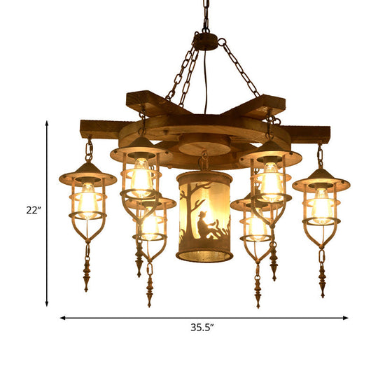 Wooden Hanging Light Kit for Restaurants: Metal Caged Chandelier with 3/7 Lights