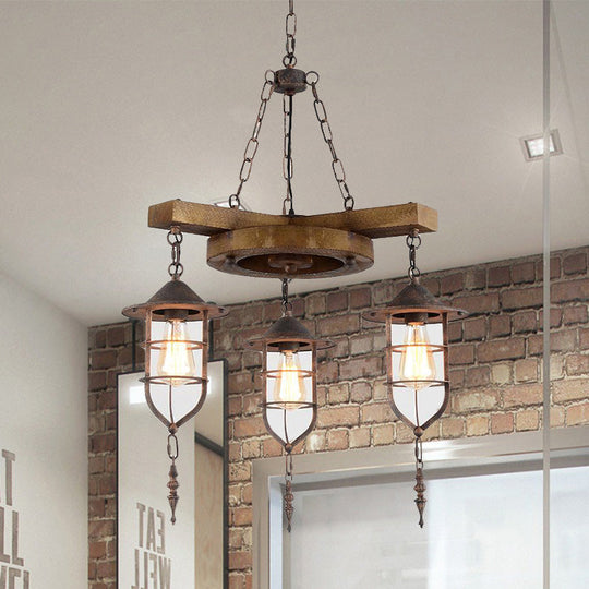 Wooden Hanging Light Kit for Restaurants: Metal Caged Chandelier with 3/7 Lights