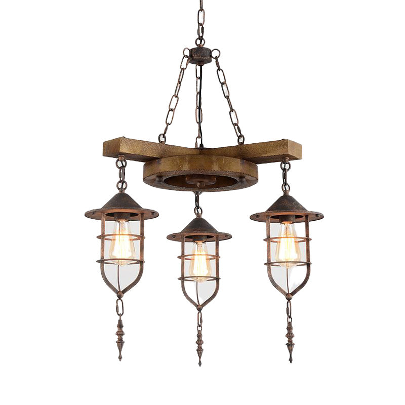 Wooden Hanging Light Kit for Restaurants: Metal Caged Chandelier with 3/7 Lights