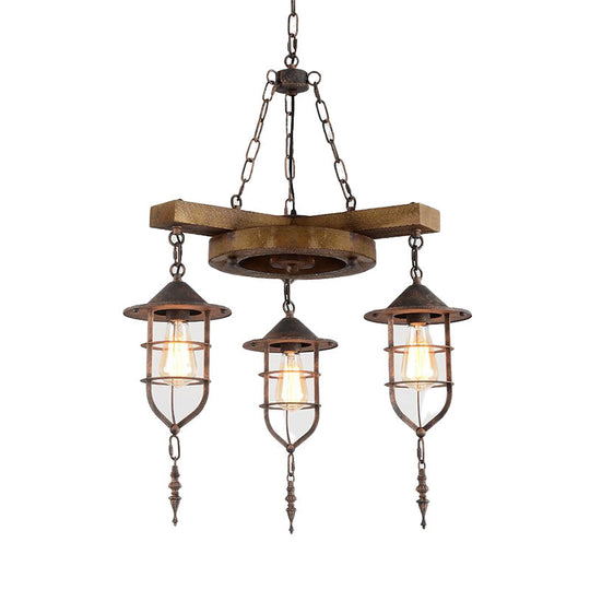 Wooden Metal Caged Chandelier Lighting Kit - 3/7 Lights For Restaurant Hanging