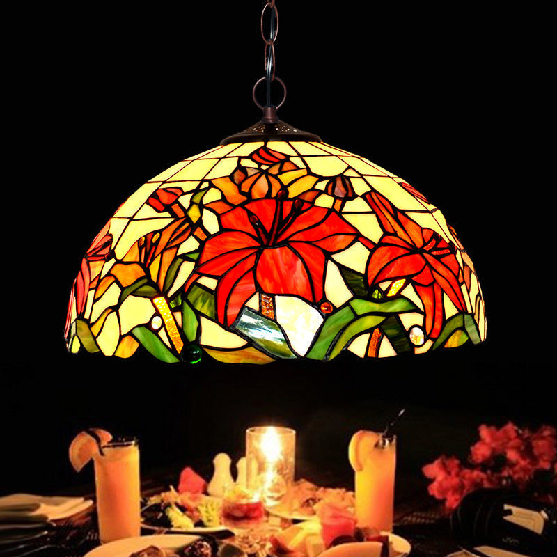 Red Mediterranean Floral Cut Glass Chandelier Pendant Light - 1/2 Lights, 12"/16" Width