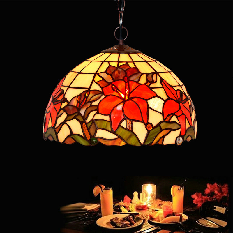 Red Mediterranean Floral Cut Glass Chandelier Pendant Light - 1/2 Lights, 12"/16" Width