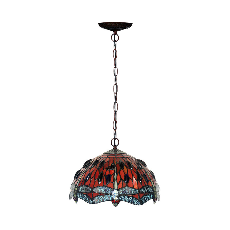 Dragonfly Stained Glass Pendant Light - Victorian Red/Green Color - 1 Light Hanging Ceiling Fixture