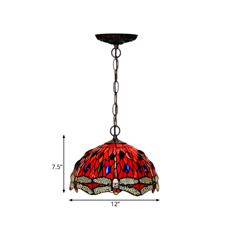 Dragonfly Stained Glass Pendant Light - Victorian Red/Green Color - 1 Light Hanging Ceiling Fixture