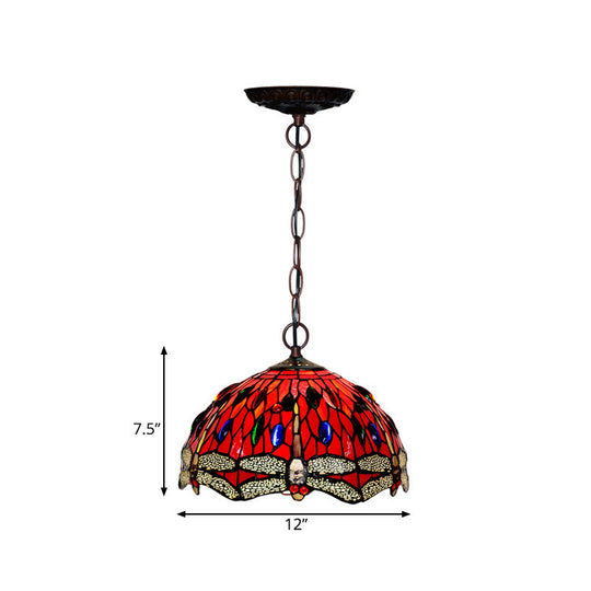 Dragonfly Pendant Light - Victorian Red/Green Stained Glass 1-Light Hanging Ceiling Fixture