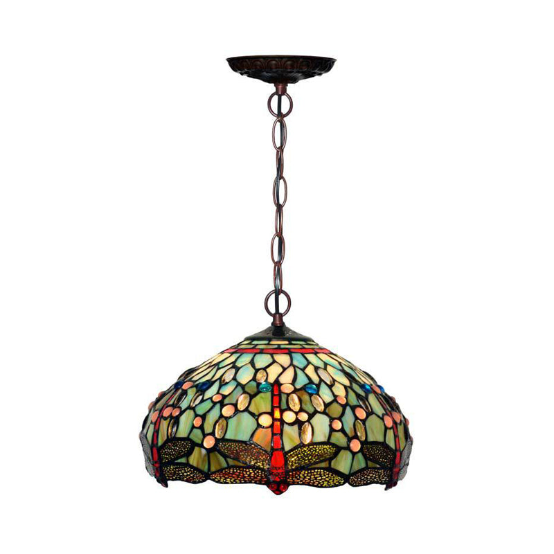 Dragonfly Stained Glass Pendant Light - Victorian Red/Green Color - 1 Light Hanging Ceiling Fixture