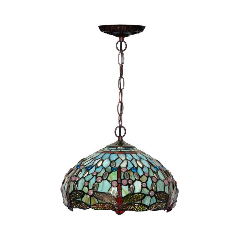 Dragonfly Stained Glass Pendant Light - Victorian Red/Green Color - 1 Light Hanging Ceiling Fixture