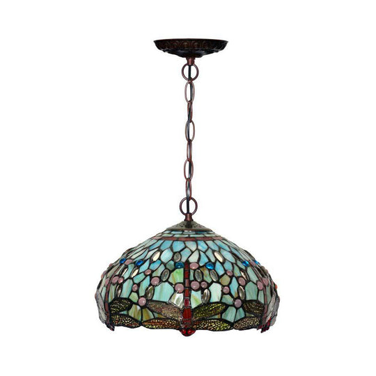 Dragonfly Stained Glass Pendant Light - Victorian Red/Green Color - 1 Light Hanging Ceiling Fixture