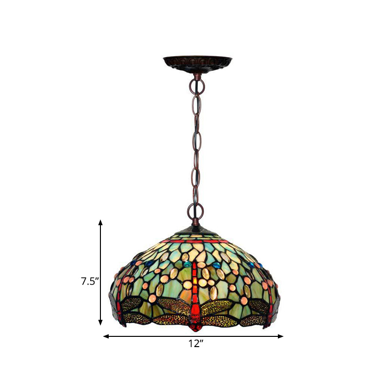 Dragonfly Stained Glass Pendant Light - Victorian Red/Green Color - 1 Light Hanging Ceiling Fixture