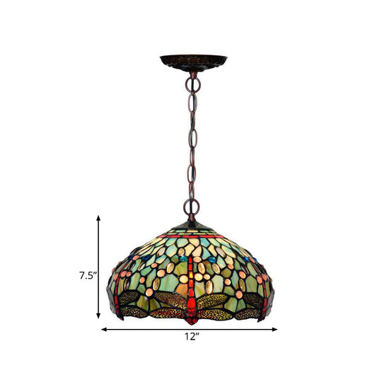 Dragonfly Stained Glass Pendant Light - Victorian Red/Green Color - 1 Light Hanging Ceiling Fixture