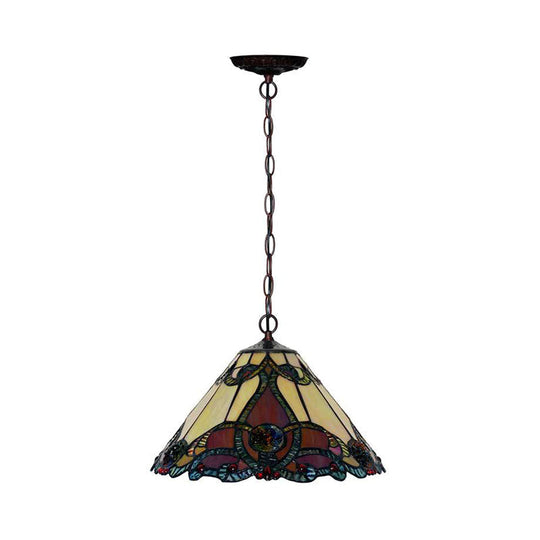 Bronze Tiffany Kitchen Pendant Lamp With Red Stained Glass Shade