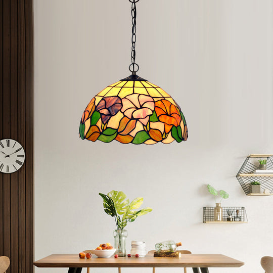 Mediterranean Stained Glass Pendant Light In Blossom Design With Red Pink And Yellow Accent