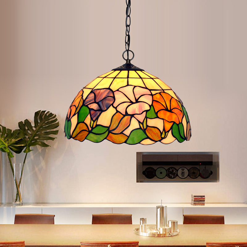 Mediterranean Stained Glass Pendant Light In Blossom Design With Red Pink And Yellow Accent