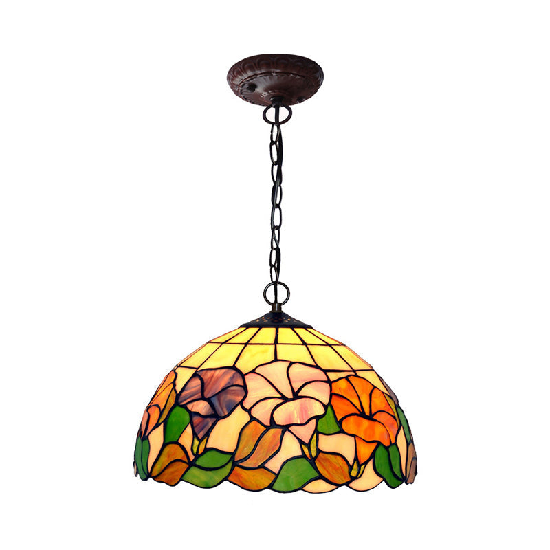 Mediterranean Stained Glass Pendant Light In Blossom Design With Red Pink And Yellow Accent