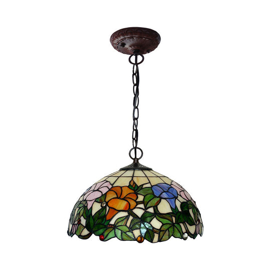 Mediterranean Stained Glass Pendant Light In Blossom Design With Red Pink And Yellow Accent