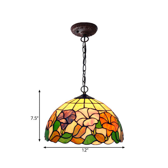 Mediterranean Stained Glass Pendant Light In Blossom Design With Red Pink And Yellow Accent