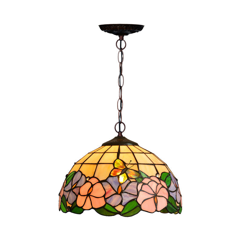 Mediterranean Stained Glass Pendant Light In Blossom Design With Red Pink And Yellow Accent