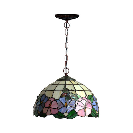 Mediterranean Stained Glass Pendant Light In Blossom Design With Red Pink And Yellow Accent