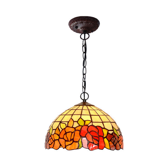 Mediterranean Stained Glass Pendant Light In Blossom Design With Red Pink And Yellow Accent