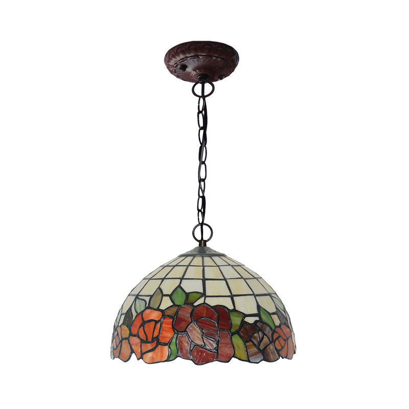 Mediterranean Stained Glass Pendant Light In Blossom Design With Red Pink And Yellow Accent