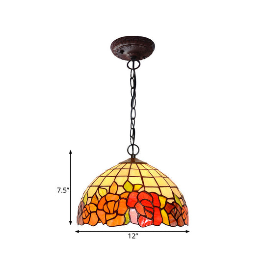 Mediterranean Stained Glass Pendant Light In Blossom Design With Red Pink And Yellow Accent