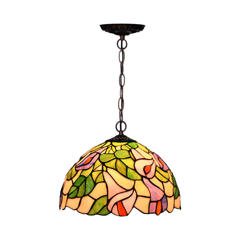 Mediterranean Stained Glass Pendant Light In Blossom Design With Red Pink And Yellow Accent Green