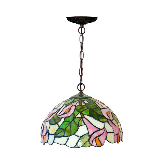 Mediterranean Stained Glass Pendant Light In Blossom Design With Red Pink And Yellow Accent