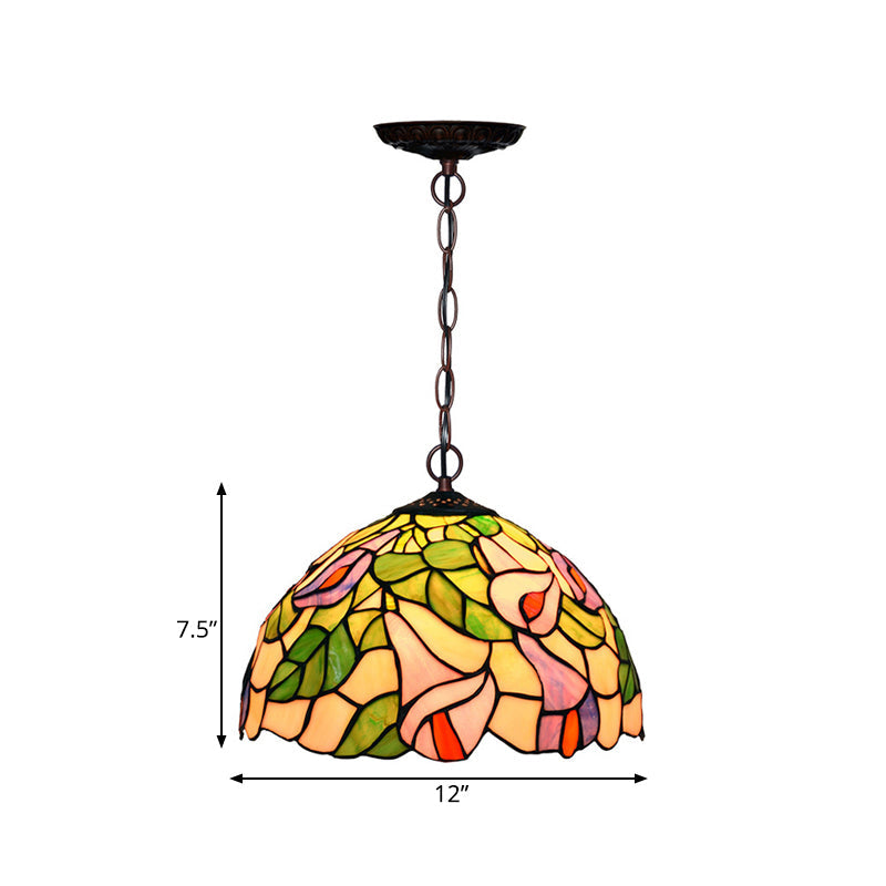 Mediterranean Stained Glass Pendant Light In Blossom Design With Red Pink And Yellow Accent