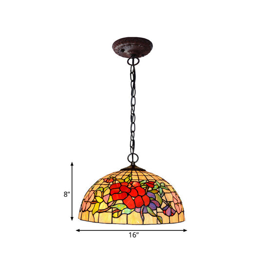 Tiffany-Style Floral Chandelier - 2 Red/Pink Stained Glass Lights for Kitchen