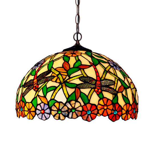 Mediterranean Dragonfly Chandelier with Cut Glass Pendant Lights - Red/Green/Purple