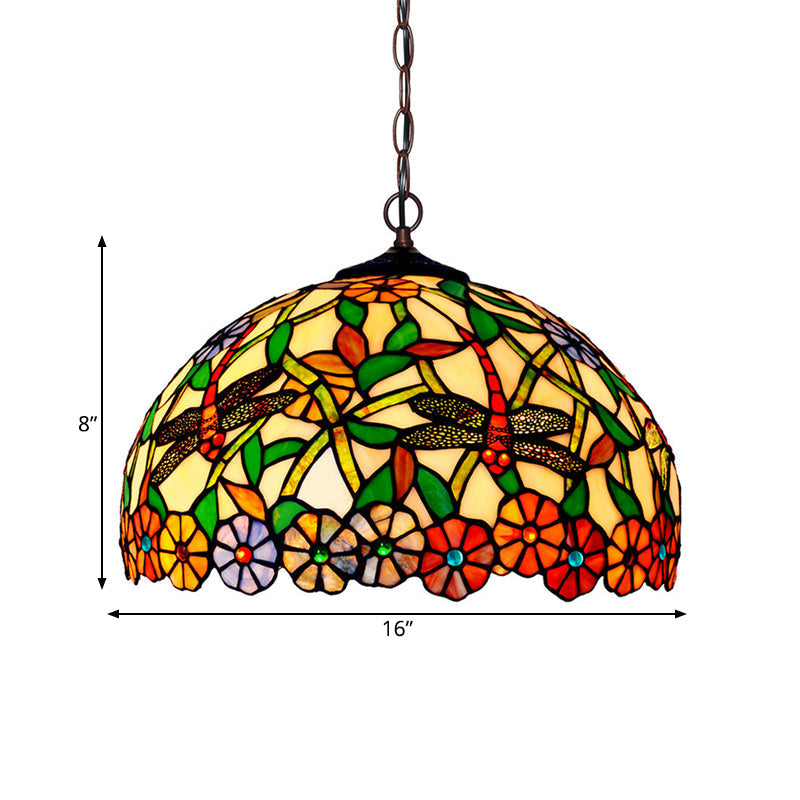 Mediterranean Dragonfly Chandelier with Cut Glass Pendant Lights - Red/Green/Purple