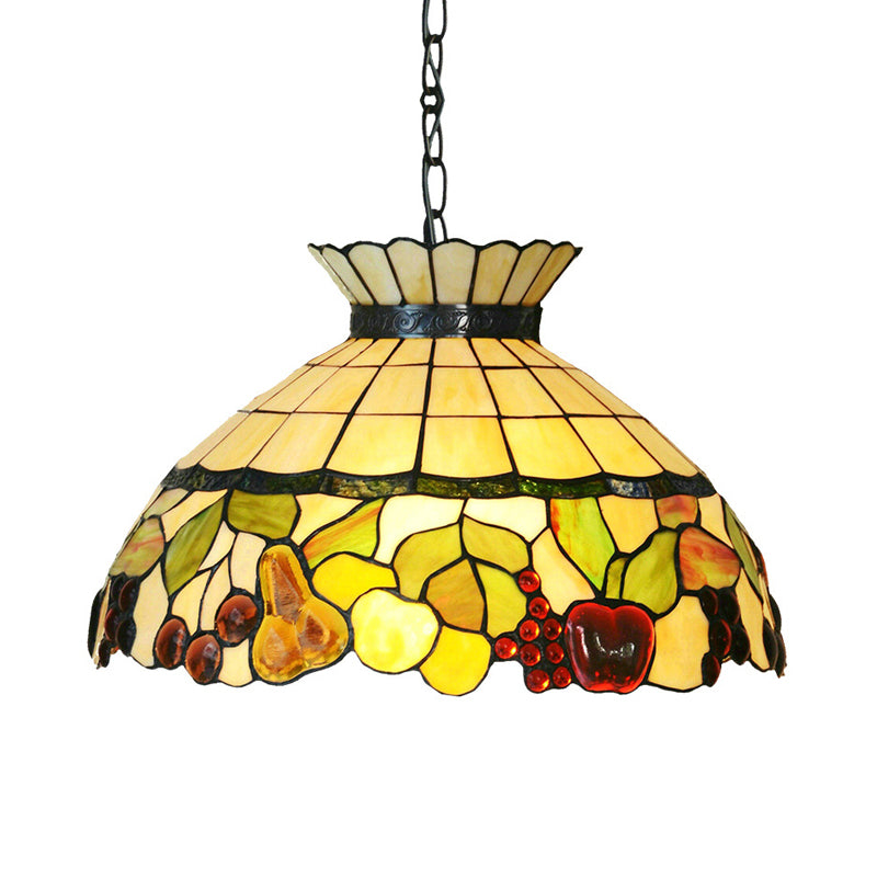 Black Baroque Chandelier with Yellow Stained Glass Shade - 3-Light Pendant Lighting